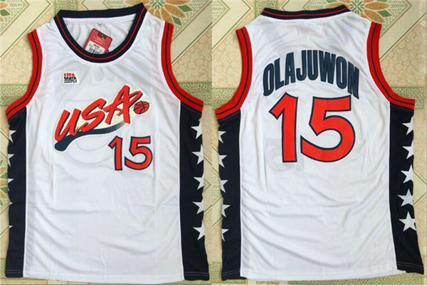 NBA Olympics Team USA Mens #15 Olajuwon White Stitched Jersey