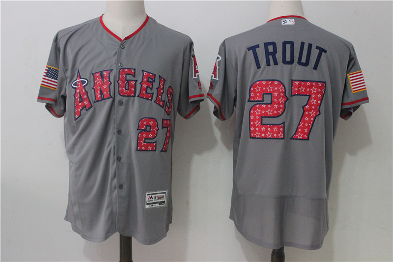 MLB Los Angeles Angels #27 Trout Independence Day Stars & Stripes Elite Grey Jersey