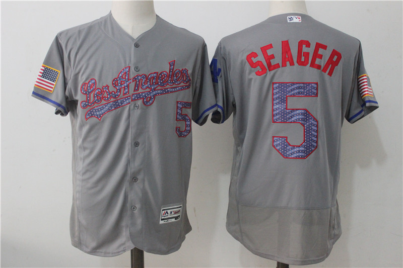 MLB Los Angeles Dodgers #5 Seager Independence Day Stars & Stripes Grey Elite Jersey