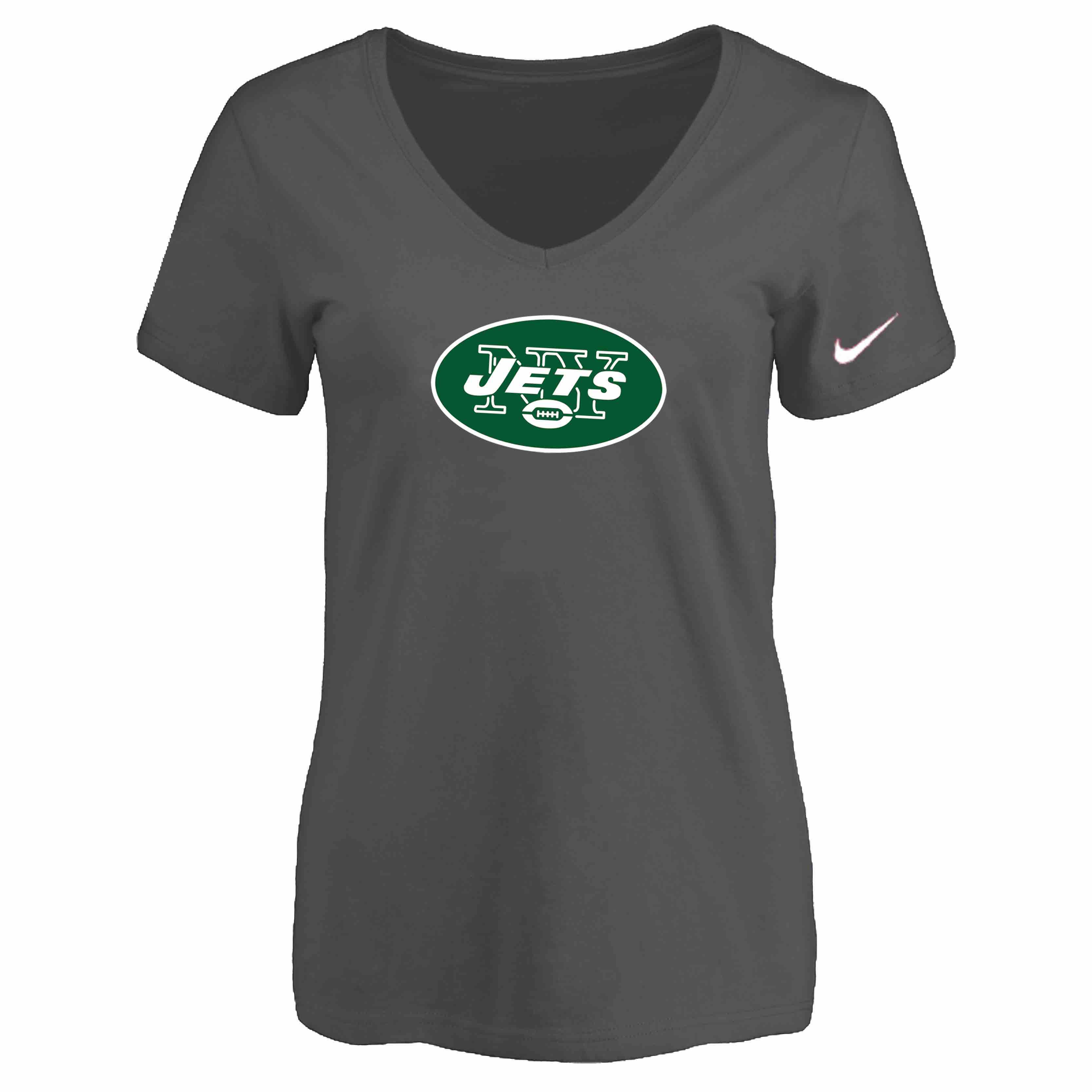 New York Jets D.Grey Womens Logo V-neck T-Shirt