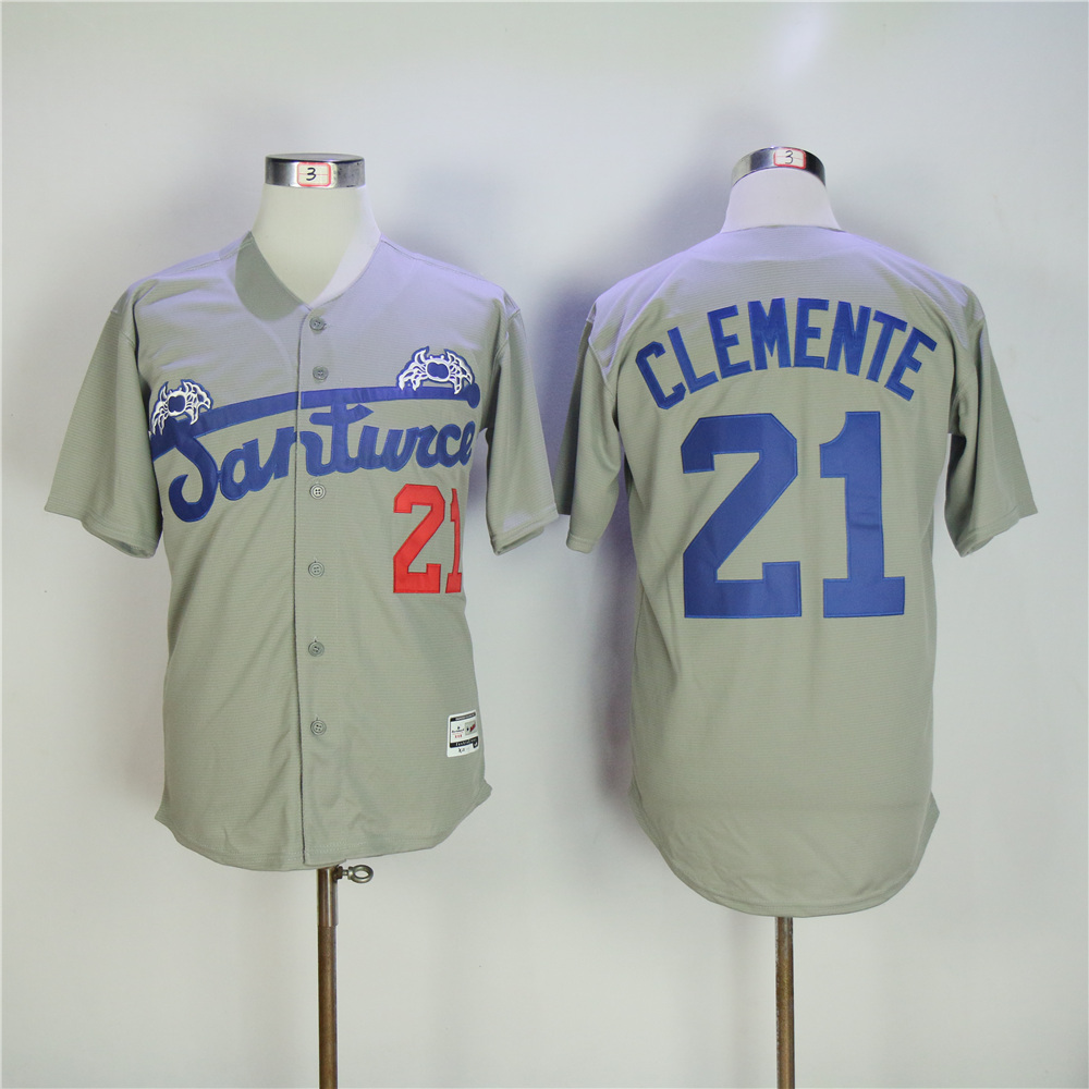 Mens Santurce Crabbers Puerto Rico #21 Clemente Grey Baseball Jersey
