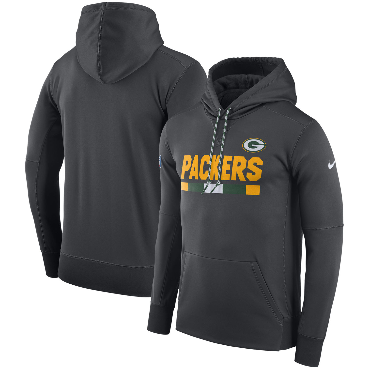 Mens Green Bay Packers Nike Charcoal Sideline Team Name Performance Pullover Hoodie