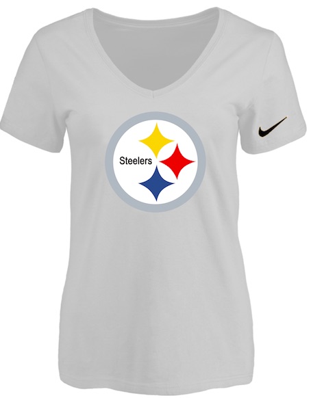 Pittsburgh Steelers White Womens Logo V-neck T-Shirt