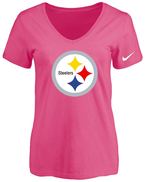 Pittsburgh Steelers Pink Womens Logo V-neck T-Shirt