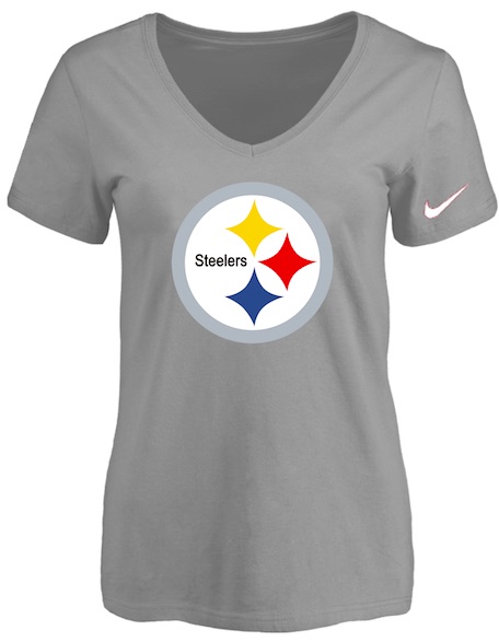 Pittsburgh Steelers L.Grey Womens Logo V-neck T-Shirt
