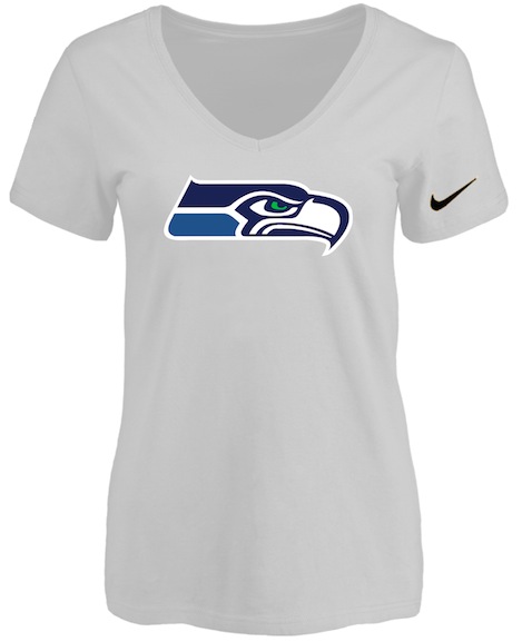 Seattle Seahawks White Womens Logo V-neck T-Shirt