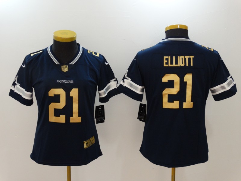 Womens Dallas Cowboys #21 Elliott Navy Gold NFL Jersey