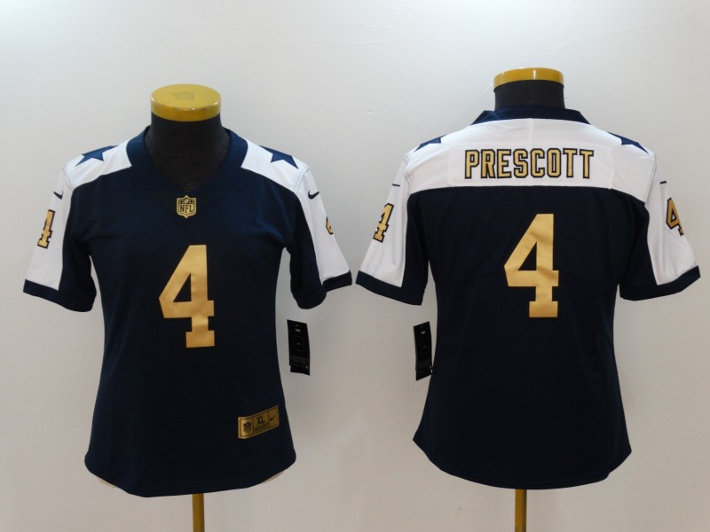 Womens Dallas Cowboys #4 Prescott Thanksgiving Gold Number Blue Jersey