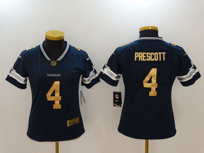 Womens Dallas Cowboys #4 Prescott Navy Gold NFL Jersey