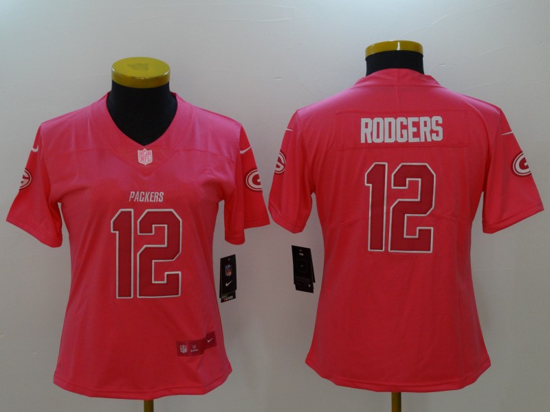 Womens Green Bay Packers #12 Rodgers Pink Limited Color Rush Jersey