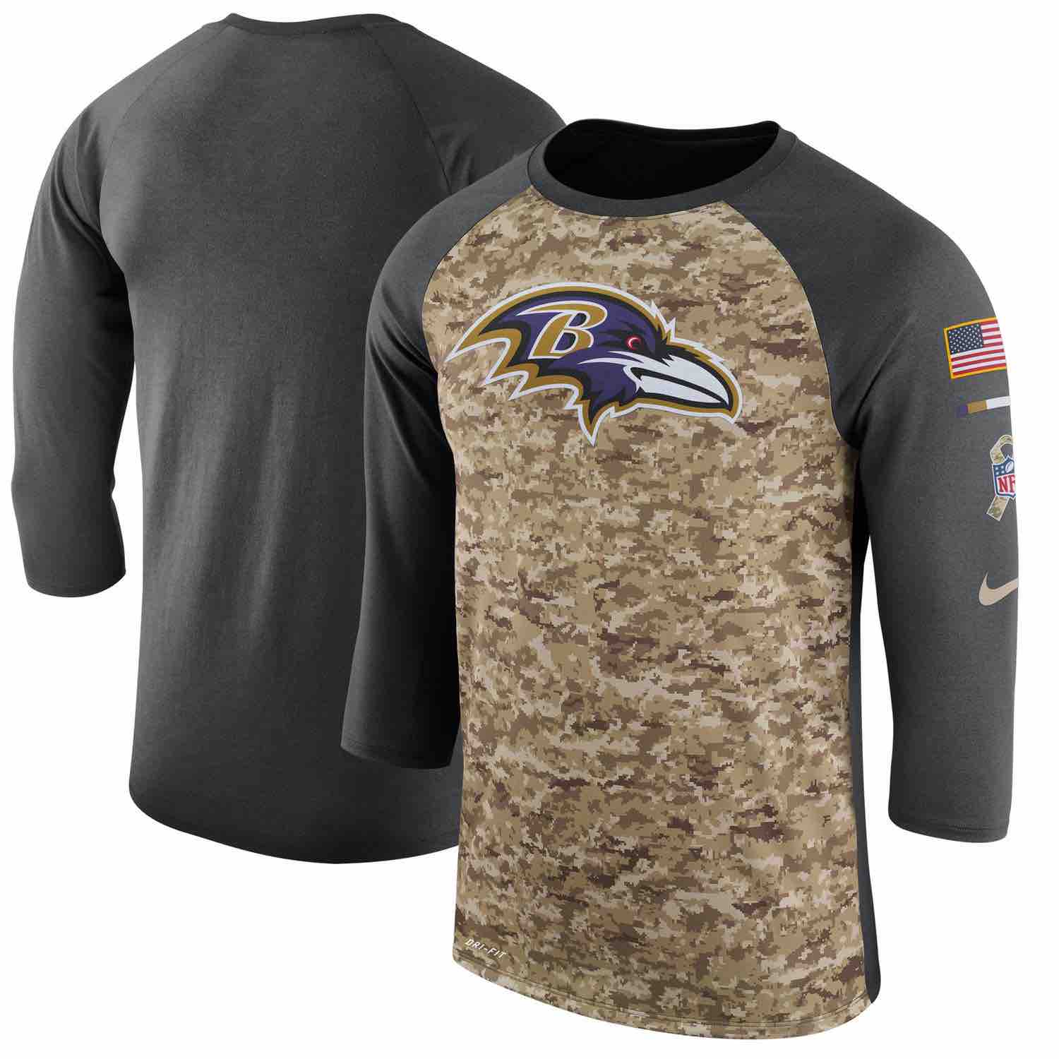 Mens Baltimore Ravens Nike Camo Anthracite Salute to Service Sideline Legend Performance Three-Quarter Sleeve T-Shirt