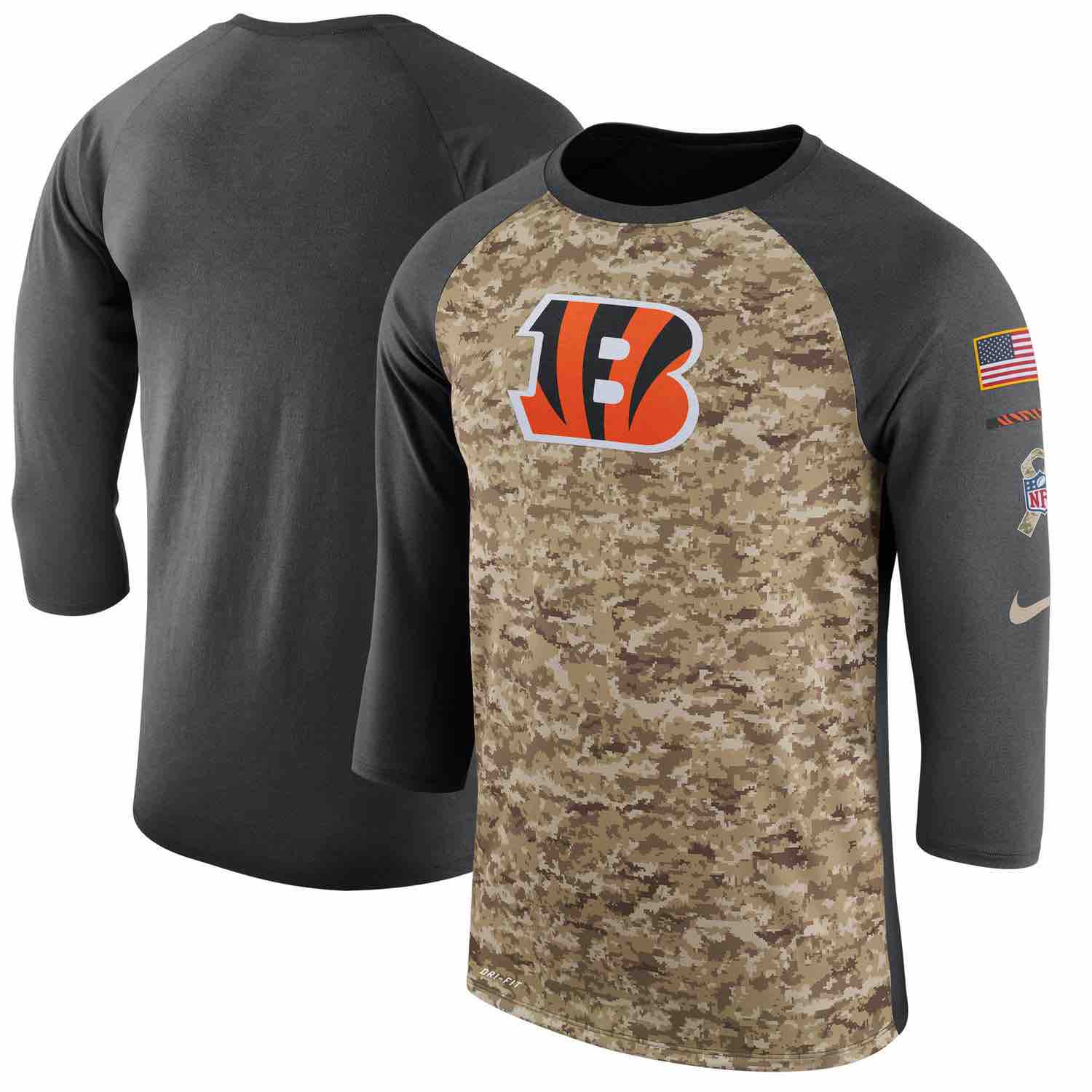 Mens Cincinnati Bengals Nike Camo Anthracite Salute to Service Sideline Legend Performance Three-Quarter Sleeve T-Shirt
