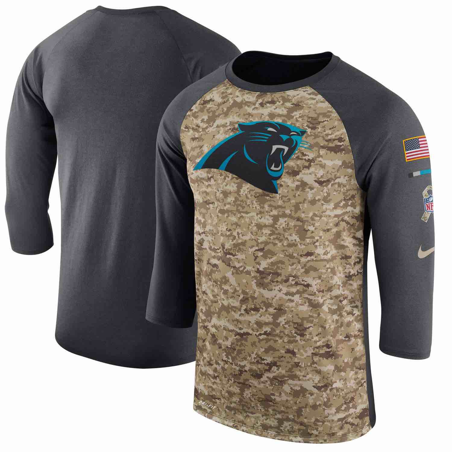 Mens Carolina Panthers Nike Camo Anthracite Salute to Service Sideline Legend Performance Three-Quarter Sleeve T-Shirt