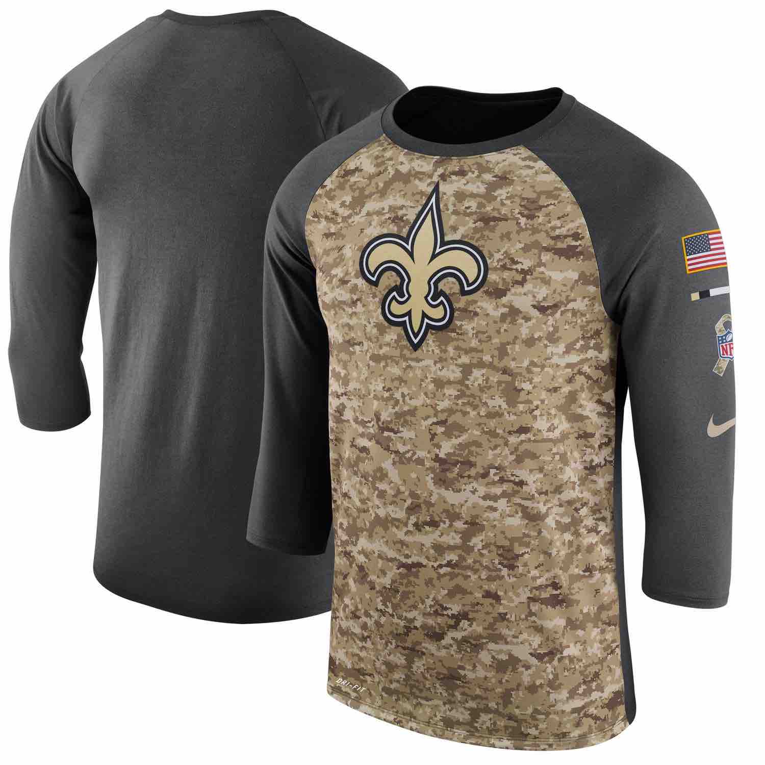 Mens New Orleans Saints Nike Camo Anthracite Salute to Service Sideline Legend Performance Three-Quarter Sleeve T-Shirt