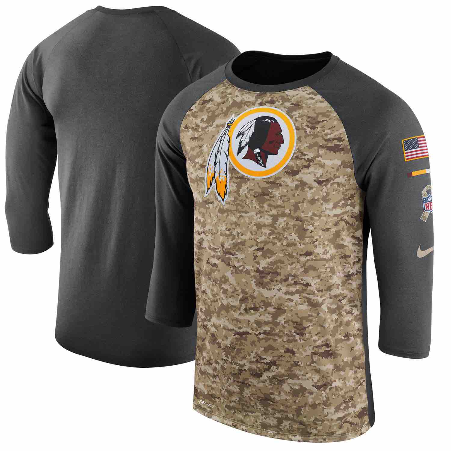 Mens Washington Redskins Nike Camo Anthracite Salute to Service Sideline Legend Performance Three-Quarter Sleeve T-Shirt