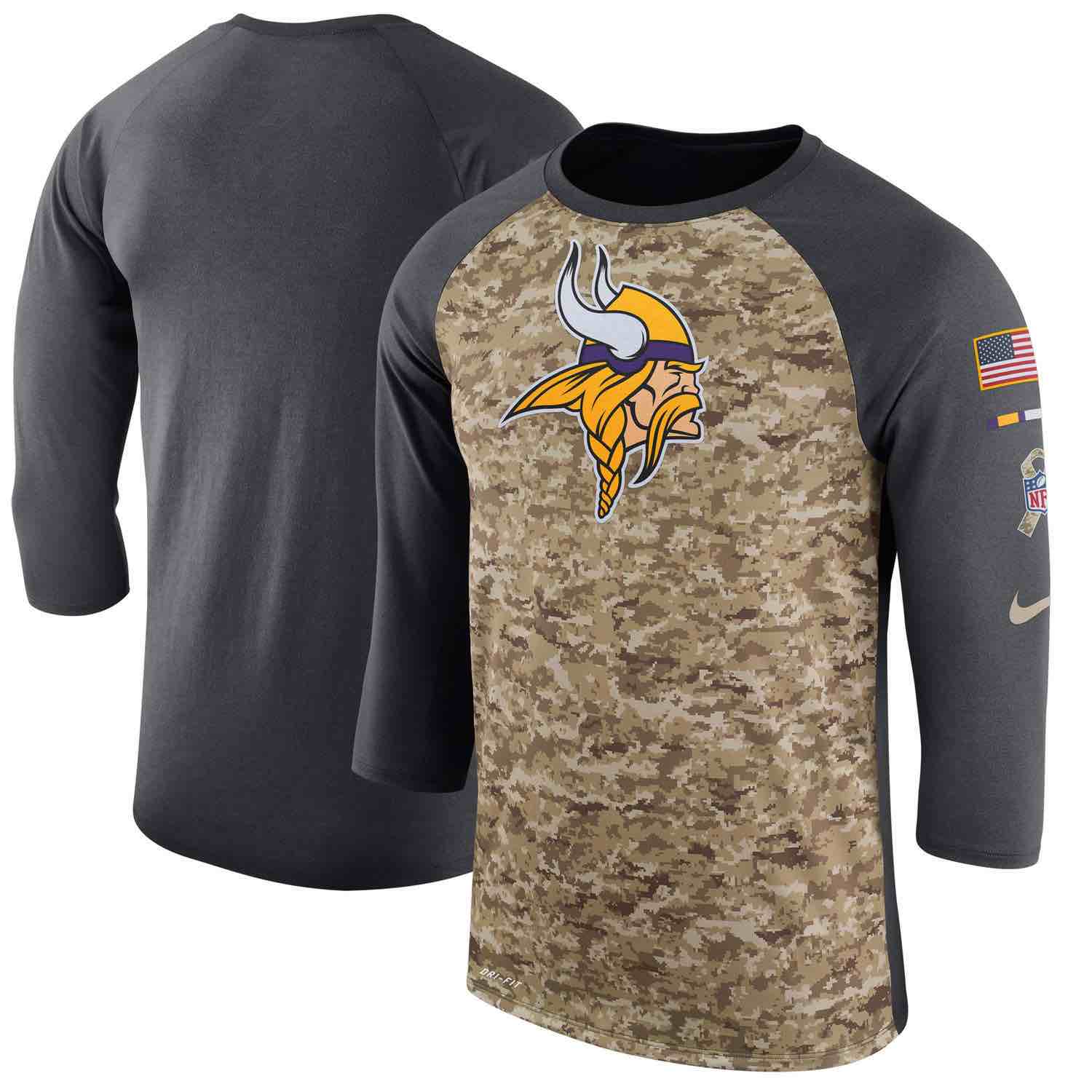 Mens Minnesota Vikings Nike Camo Anthracite Salute to Service Sideline Legend Performance Three-Quarter Sleeve T-Shirt