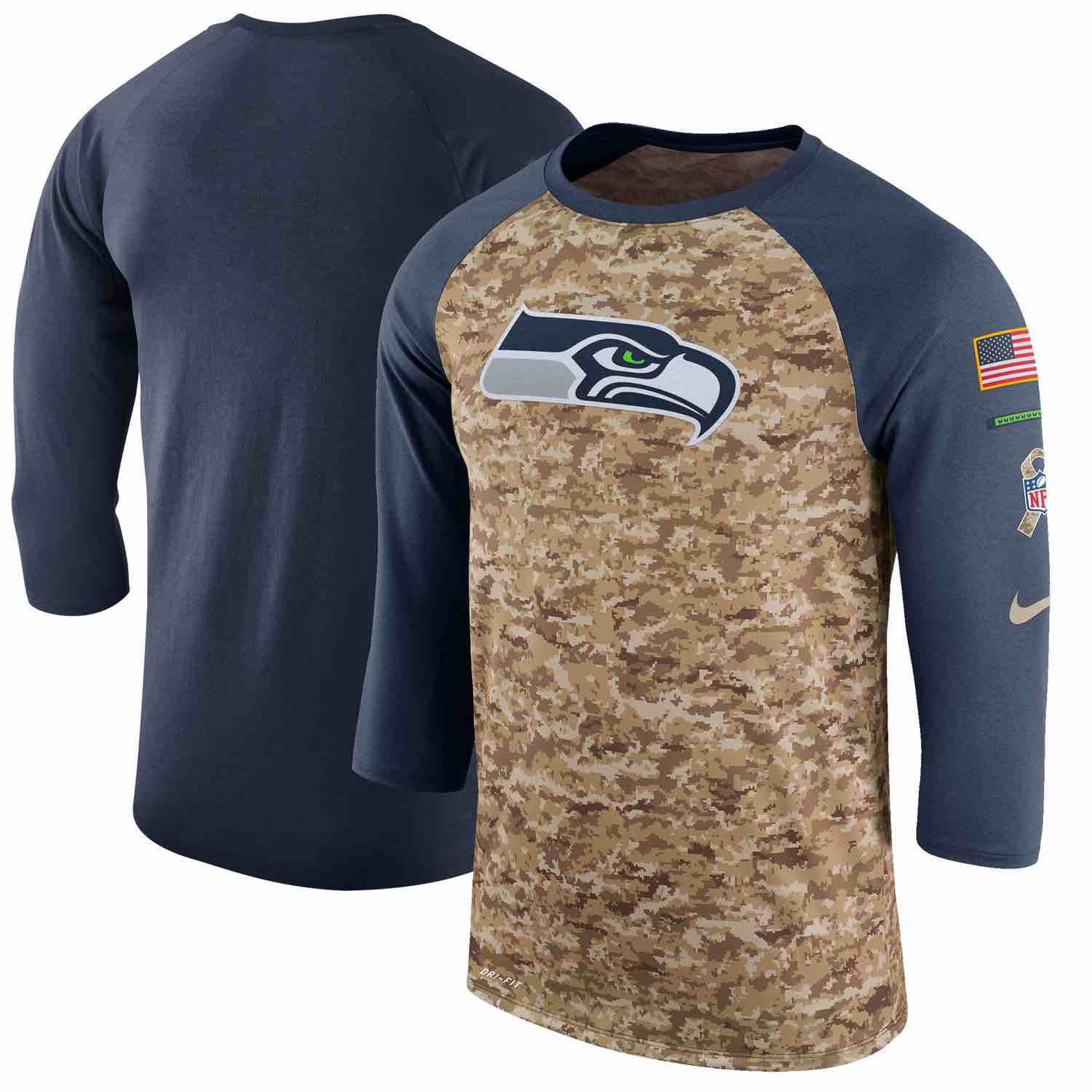 Mens Seattle Seahawks Nike Camo College Navy Salute to Service Sideline Legend Performance Three-Quarter Sleeve T-Shirt