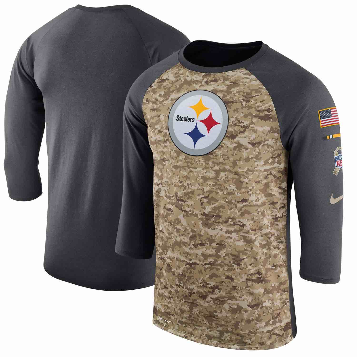 Mens Pittsburgh Steelers Nike Camo Anthracite Salute to Service Sideline Legend Performance Three-Quarter Sleeve T-Shirt
