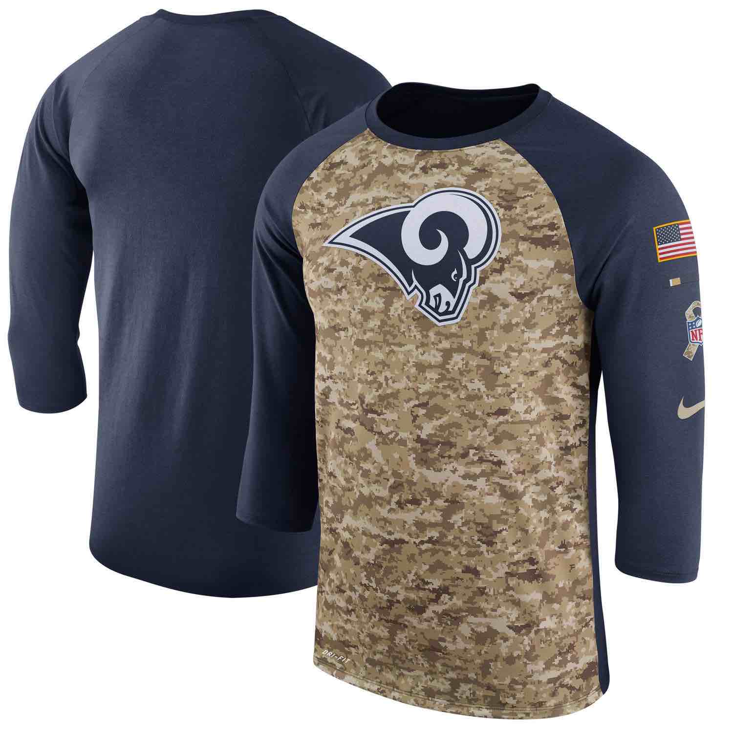 Mens Los Angeles Rams Nike Camo Navy Salute to Service Sideline Legend Performance Three-Quarter Sleeve T-Shirt