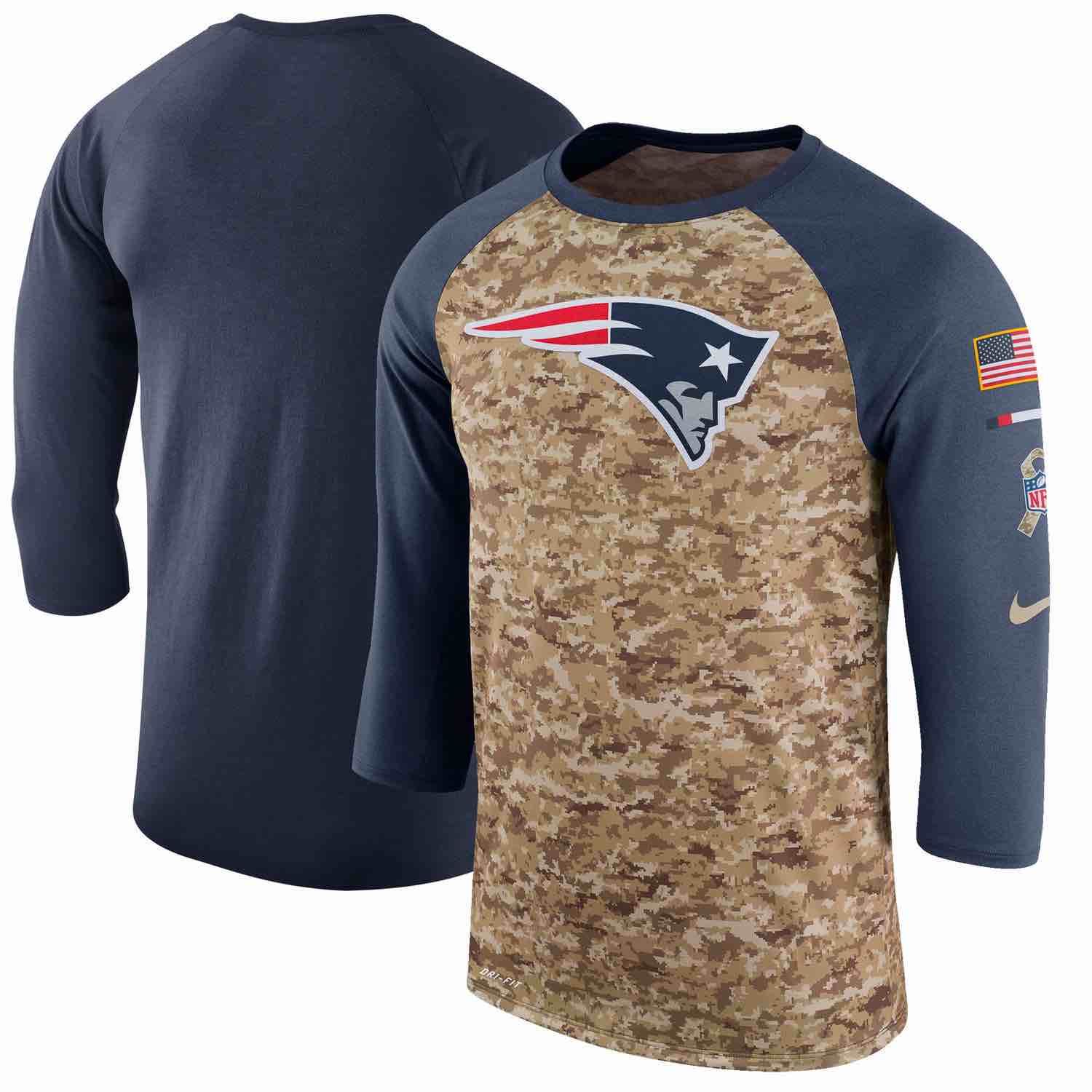 Mens New England Patriots Nike Camo Navy Salute to Service Sideline Legend Performance Three-Quarter Sleeve T-Shirt