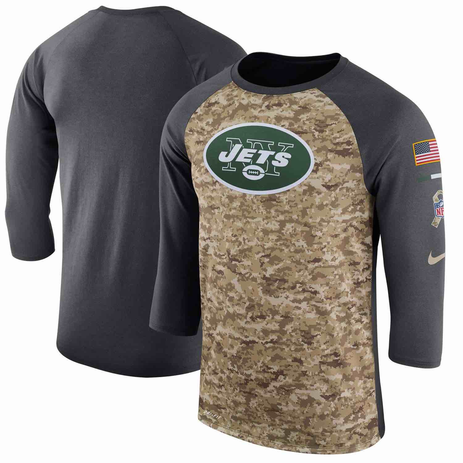 Mens New York Jets Nike Camo Anthracite Salute to Service Sideline Legend Performance Three-Quarter Sleeve T-Shirt