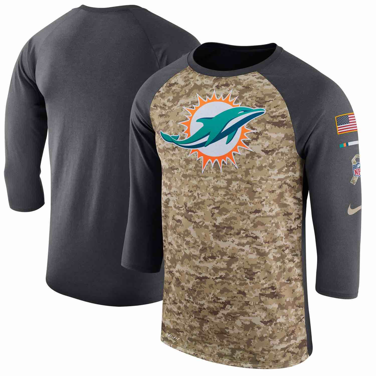 Mens Miami Dolphins Nike Camo Anthracite Salute to Service Sideline Legend Performance Three-Quarter Sleeve T-Shirt