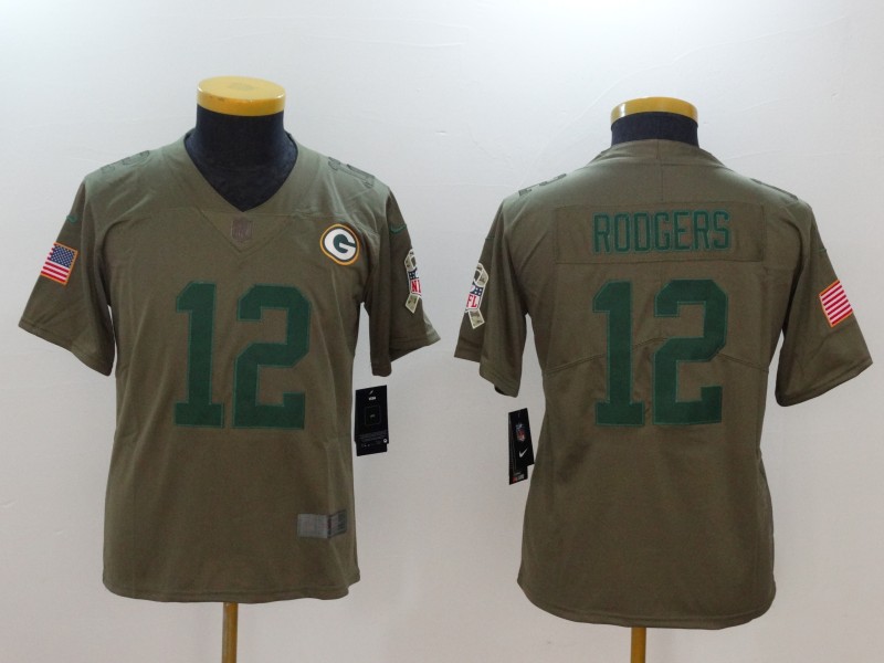 Kids Green Bay Packers #12 Rodgers Olive Salute to Service Limited Jersey