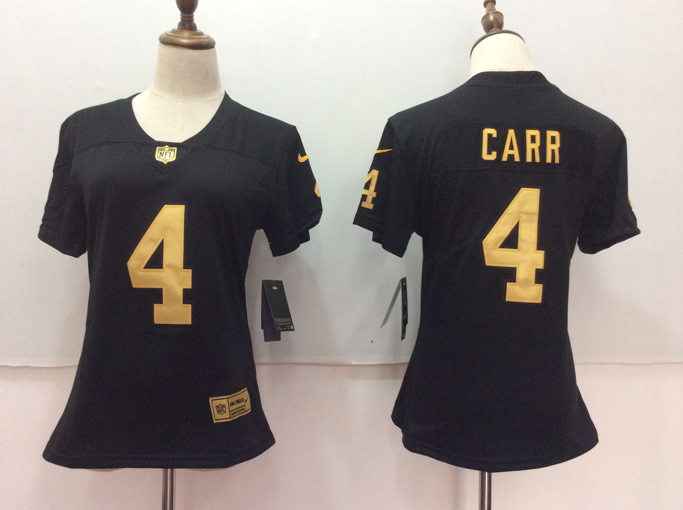 Womens NFL Oakland Raiders #4 Carr Black Gold Number Jersey