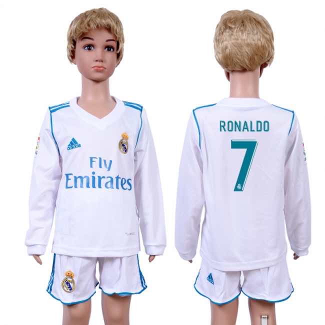 2017 Soccer Real Madrid #7 Ronaldo Home Kids Long Sleeve Jersey