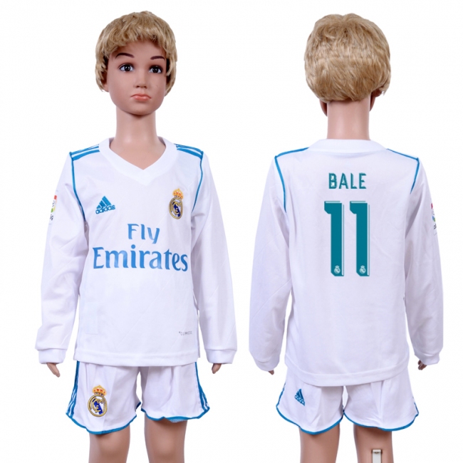 2017 Soccer Real Madrid #11 Bale Home Kids Long Sleeve Jersey