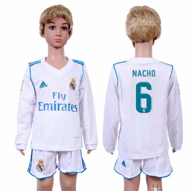 2017 Soccer Real Madrid #6 Nacho Home Kids Long Sleeve Jersey