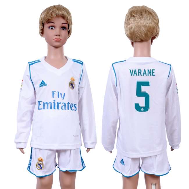 2017 Soccer Real Madrid #5 Varane Home Kids Long Sleeve Jersey