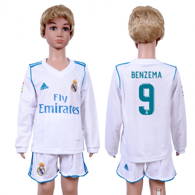 2017 Soccer Real Madrid #9 Benzema Home Kids Long Sleeve Jersey