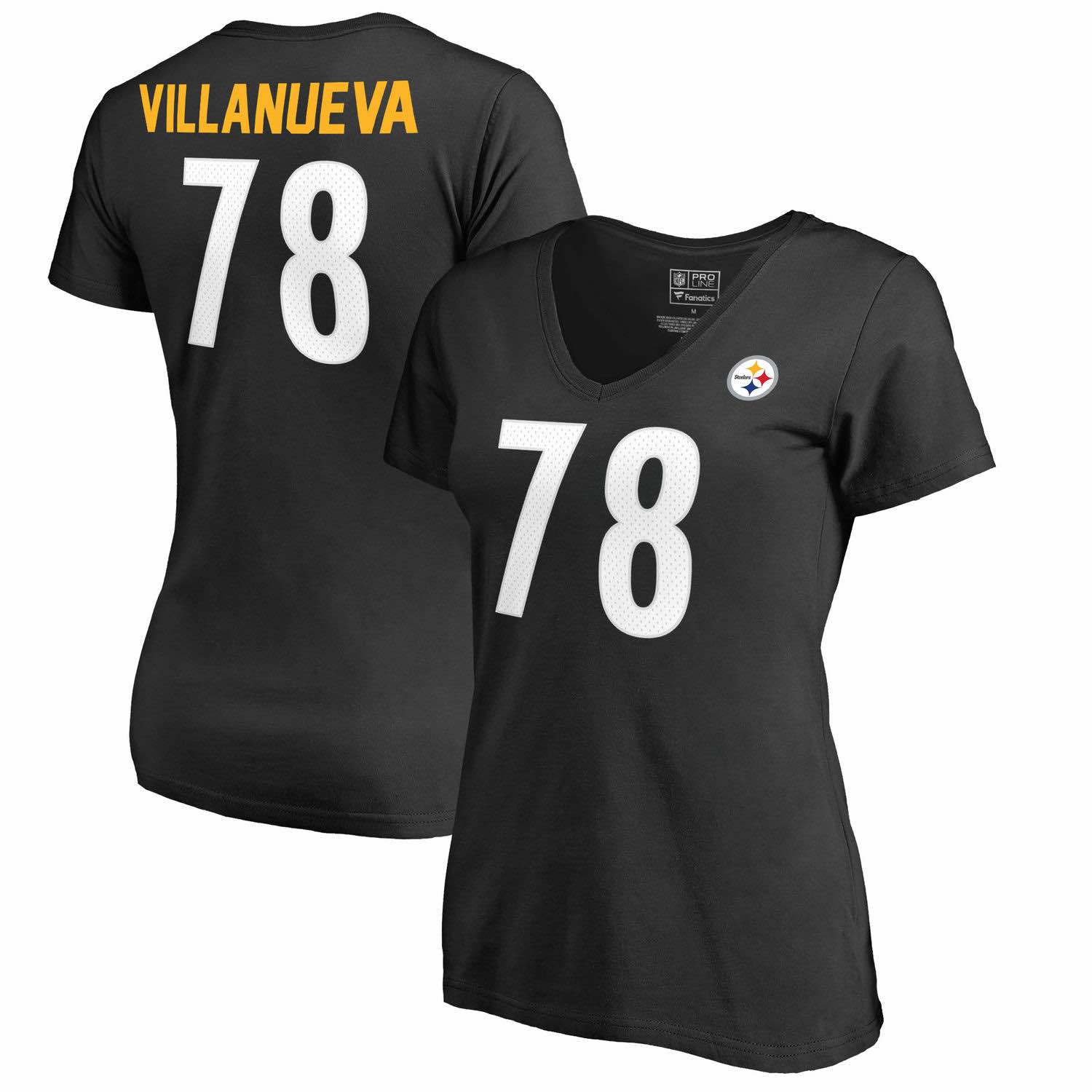 Womens Pittsburgh Steelers Alejandro Villanueva NFL Pro Line by Fanatics Branded Black Authentic Stack Name -Number V-Neck T-Shirt