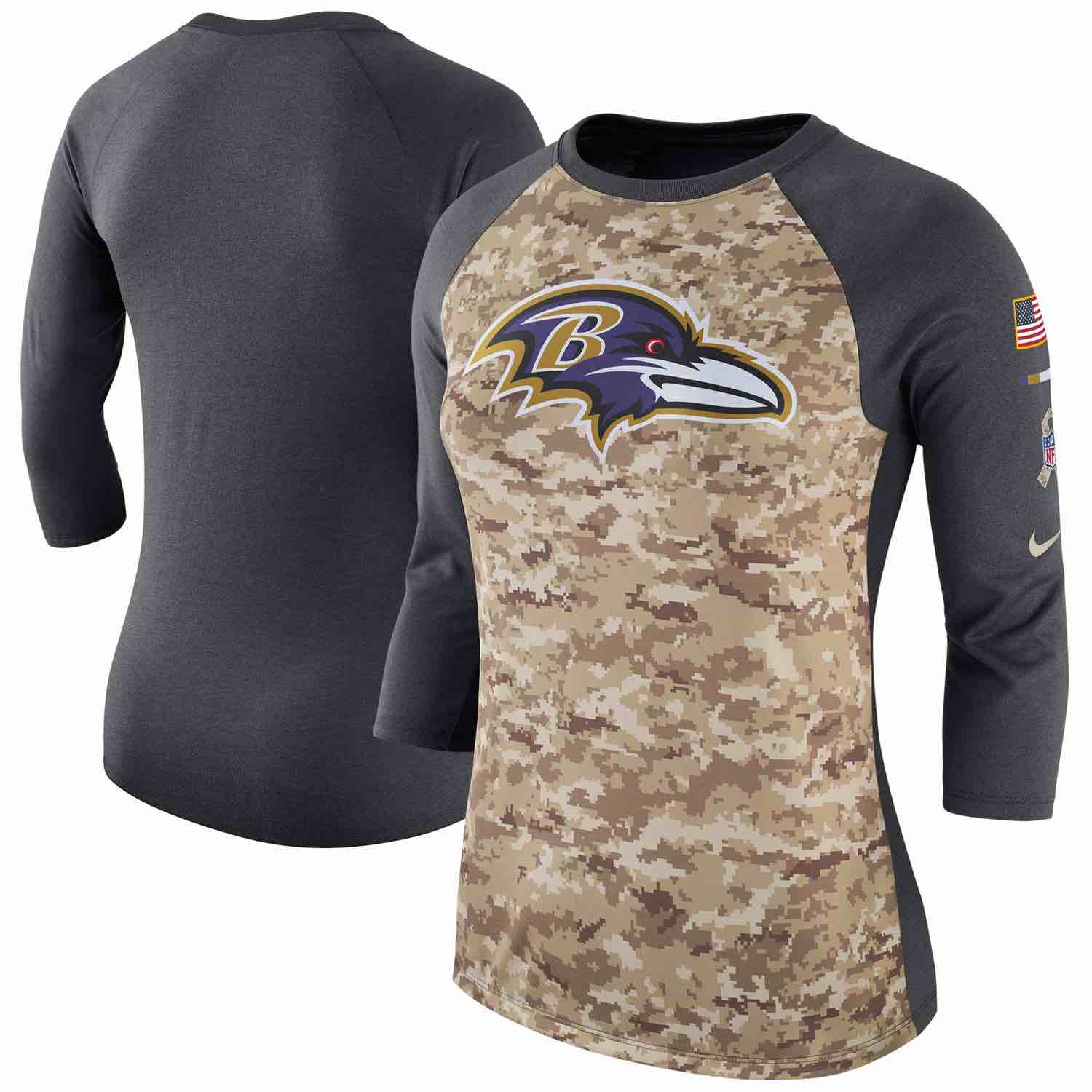 Womens Baltimore Ravens Nike Camo Charcoal Salute to Service Legend Three-Quarter Raglan Sleeve T-Shirt