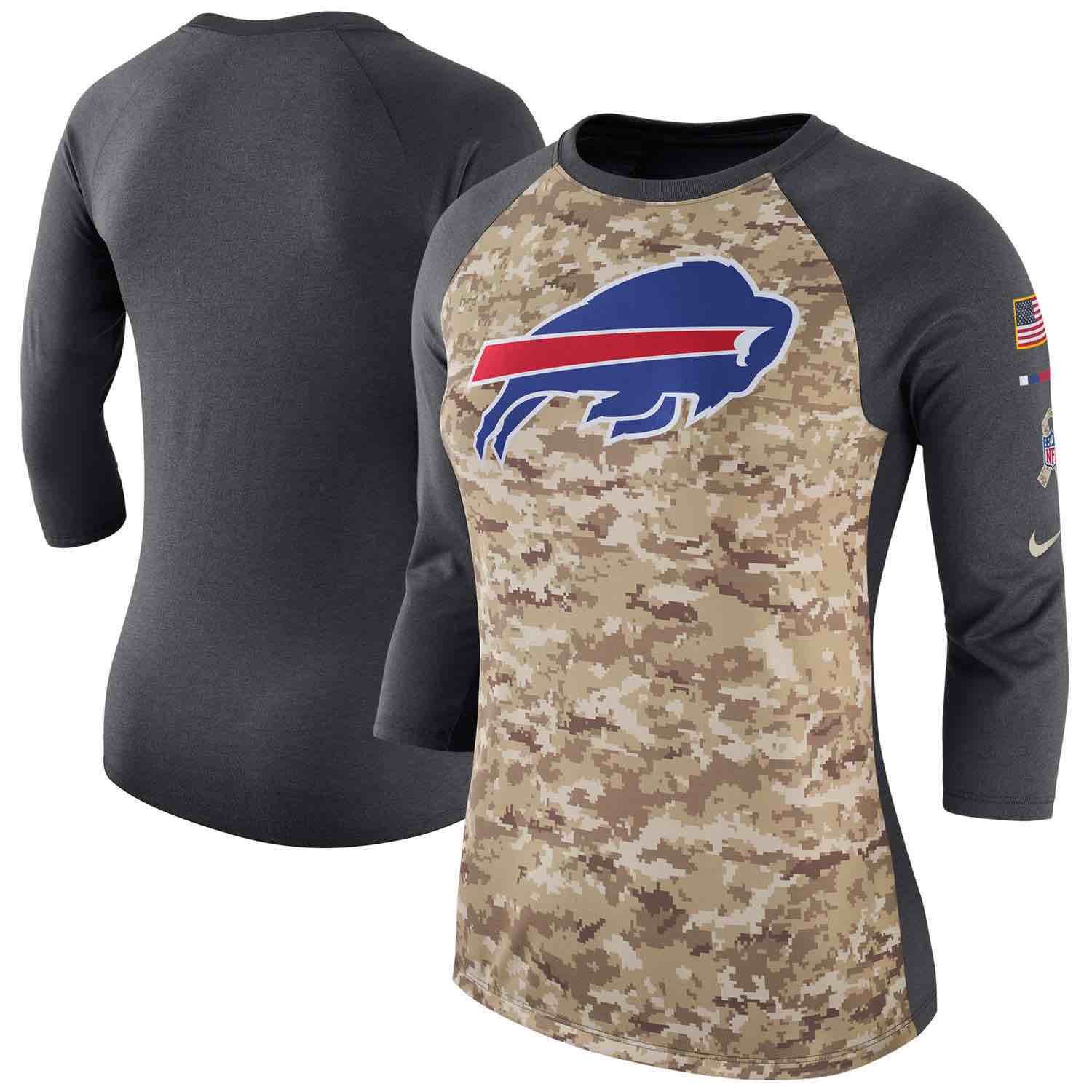 Womens Buffalo Bills Nike Camo Charcoal Salute to Service Legend Three-Quarter Raglan Sleeve T-Shirt