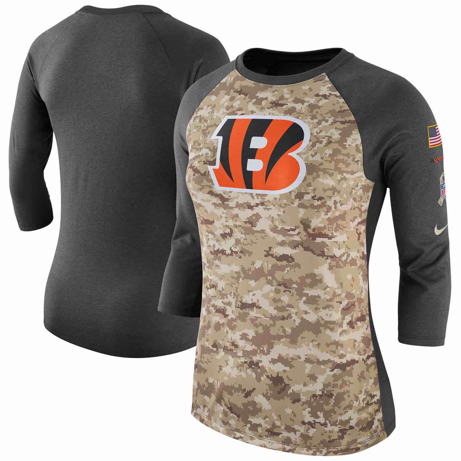 Womens Cincinnati Bengals Nike Camo Charcoal Salute to Service Legend Three-Quarter Raglan Sleeve T-Shirt