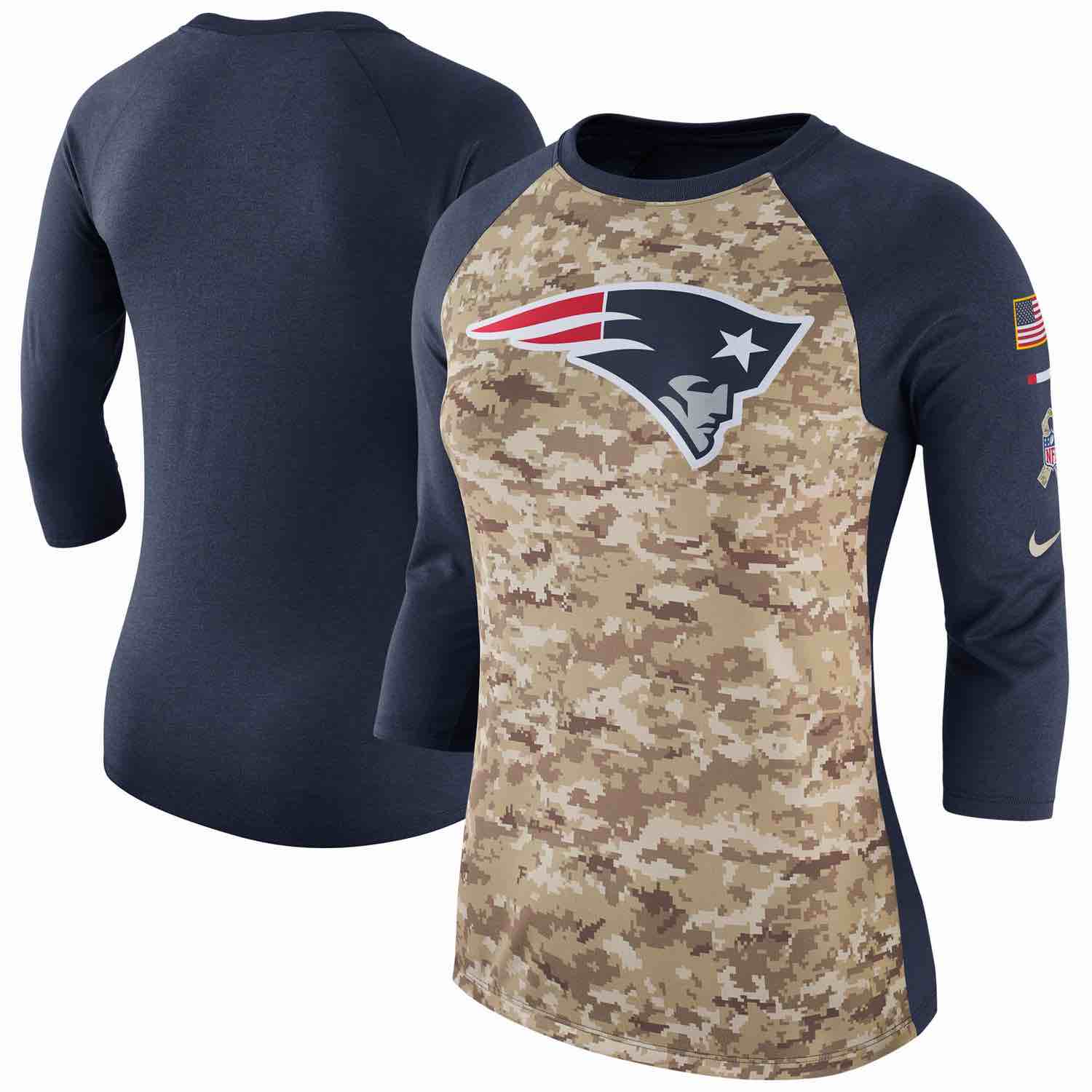 Womens New England Patriots Nike Camo Navy Salute to Service Legend Three-Quarter Raglan Sleeve T-Shirt