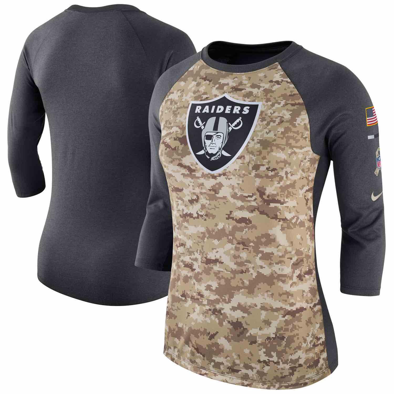 Womens Oakland Raiders Nike Camo Charcoal Salute to Service Legend Three-Quarter Raglan Sleeve T-Shirt