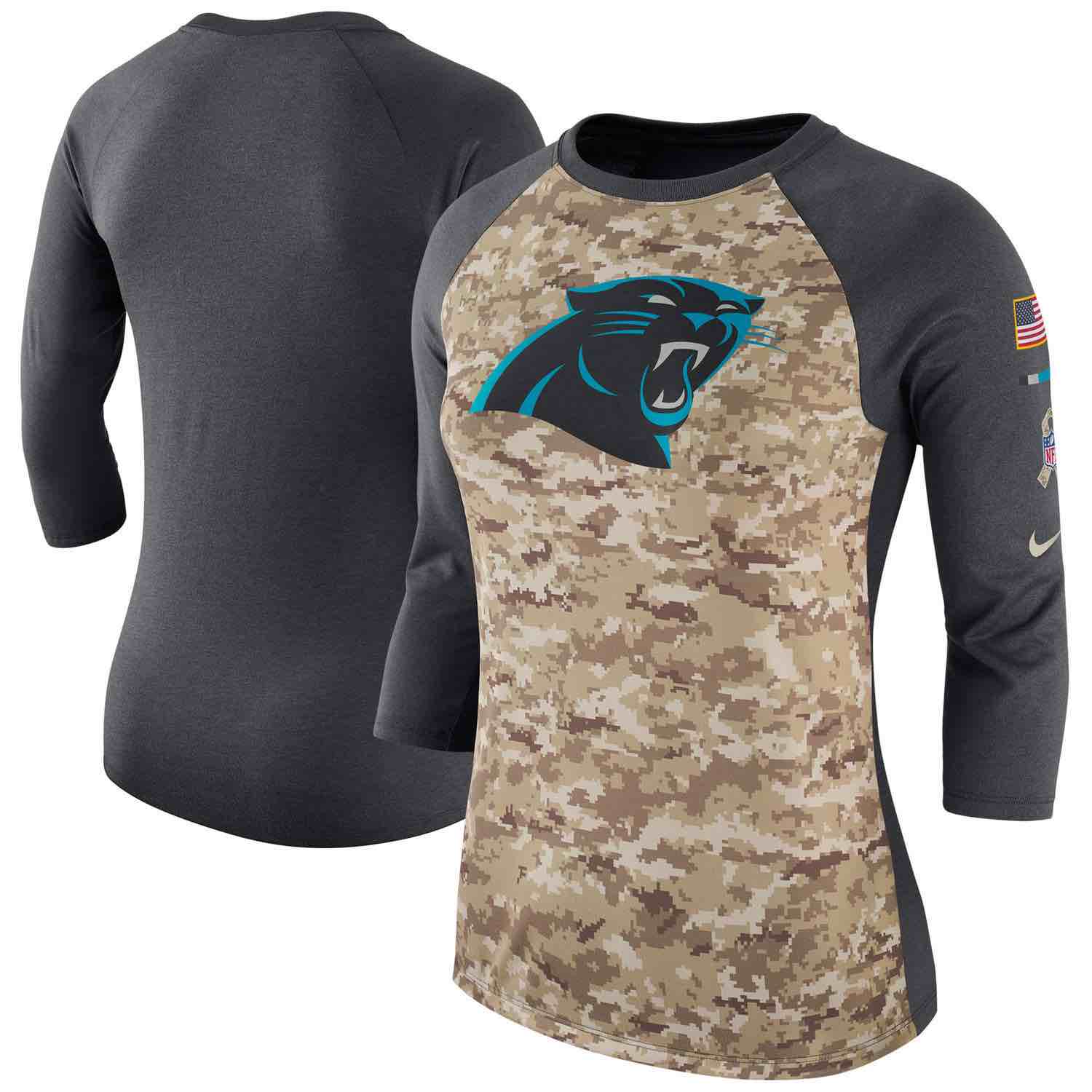 Womens Carolina Panthers Nike Camo Charcoal Salute to Service Legend Three-Quarter Raglan Sleeve T-Shirt