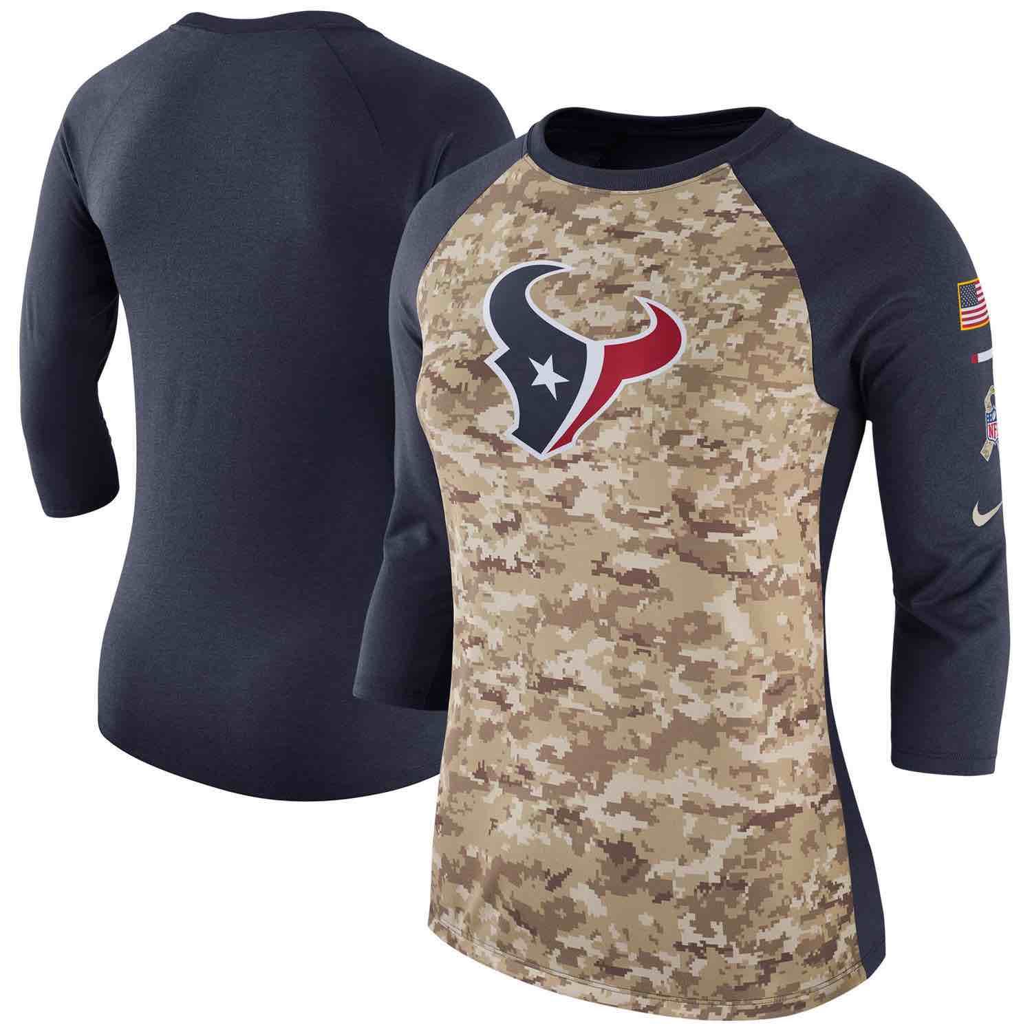 Womens Houston Texans Nike Camo Navy Salute to Service Legend Three-Quarter Raglan Sleeve T-Shirt