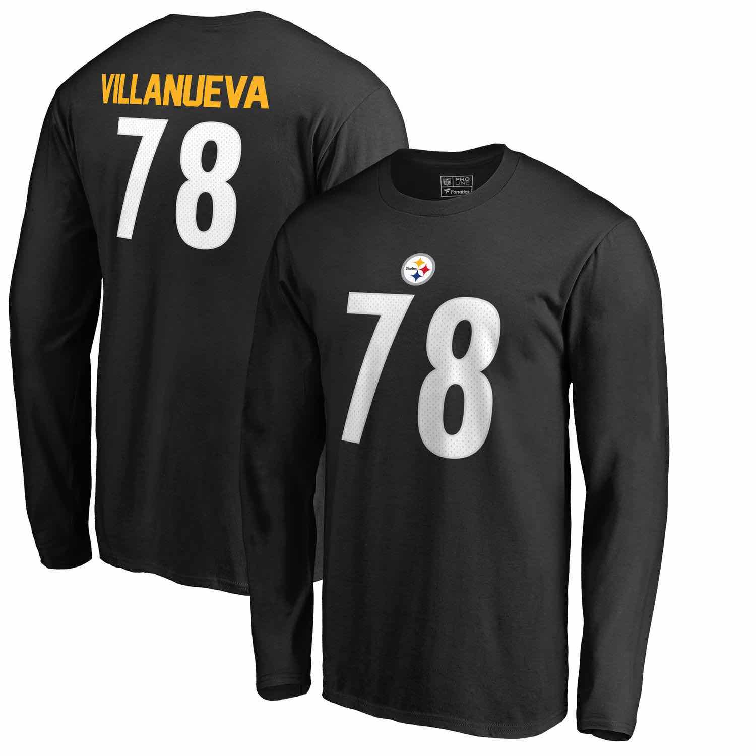 Mens Pittsburgh Steelers Alejandro Villanueva NFL Pro Line by Fanatics Branded Black Authentic Stack Name -Number Long Sleeve T-Shirt