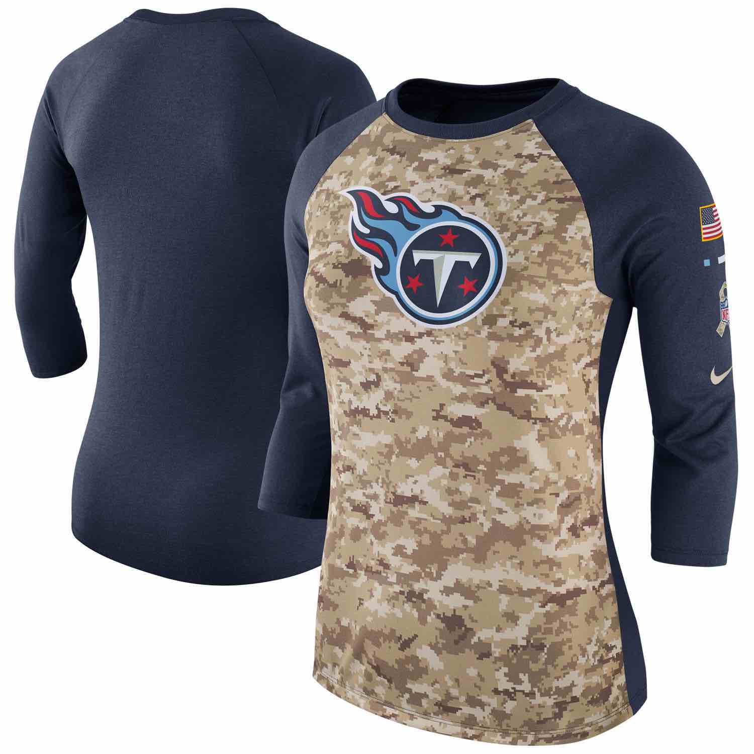 Womens Tennessee Titans Nike Camo Navy Salute to Service Legend Three-Quarter Raglan Sleeve T-Shirt