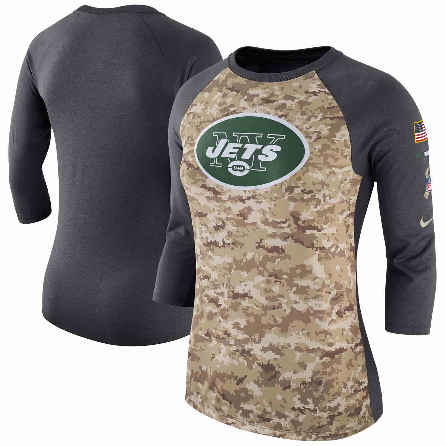 Womens New York Jets Nike Camo Charcoal Salute to Service Legend Three-Quarter Raglan Sleeve T-Shirt