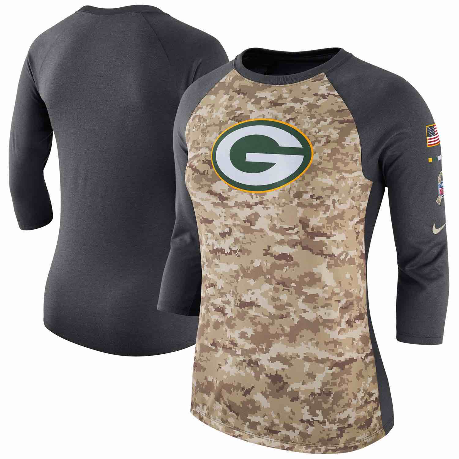 Womens Green Bay Packers Nike Camo Charcoal Salute to Service Legend Three-Quarter Raglan Sleeve T-Shirt