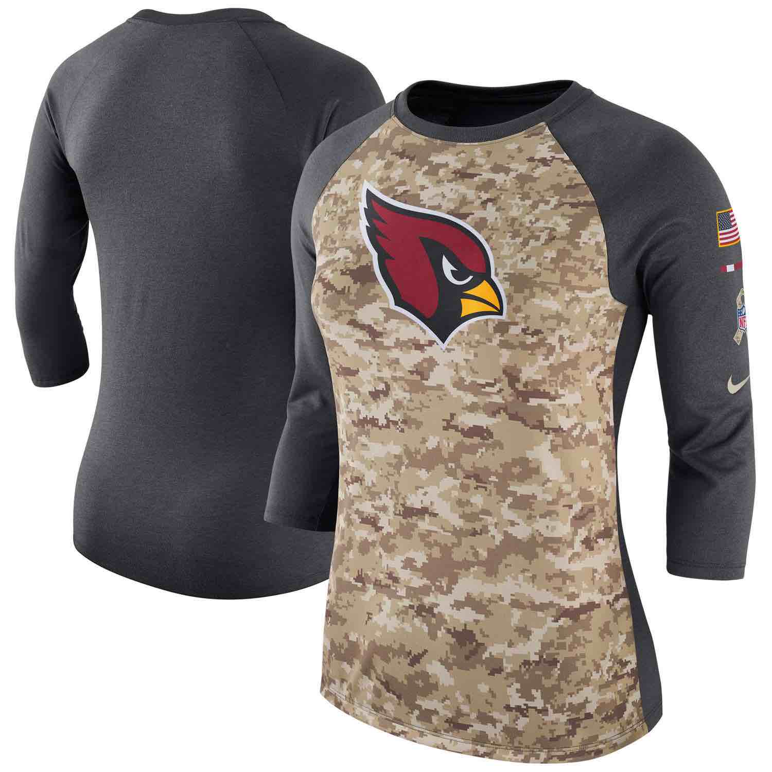 Womens Arizona Cardinals Nike Camo Charcoal Salute to Service Legend Three-Quarter Raglan Sleeve T-Shirt