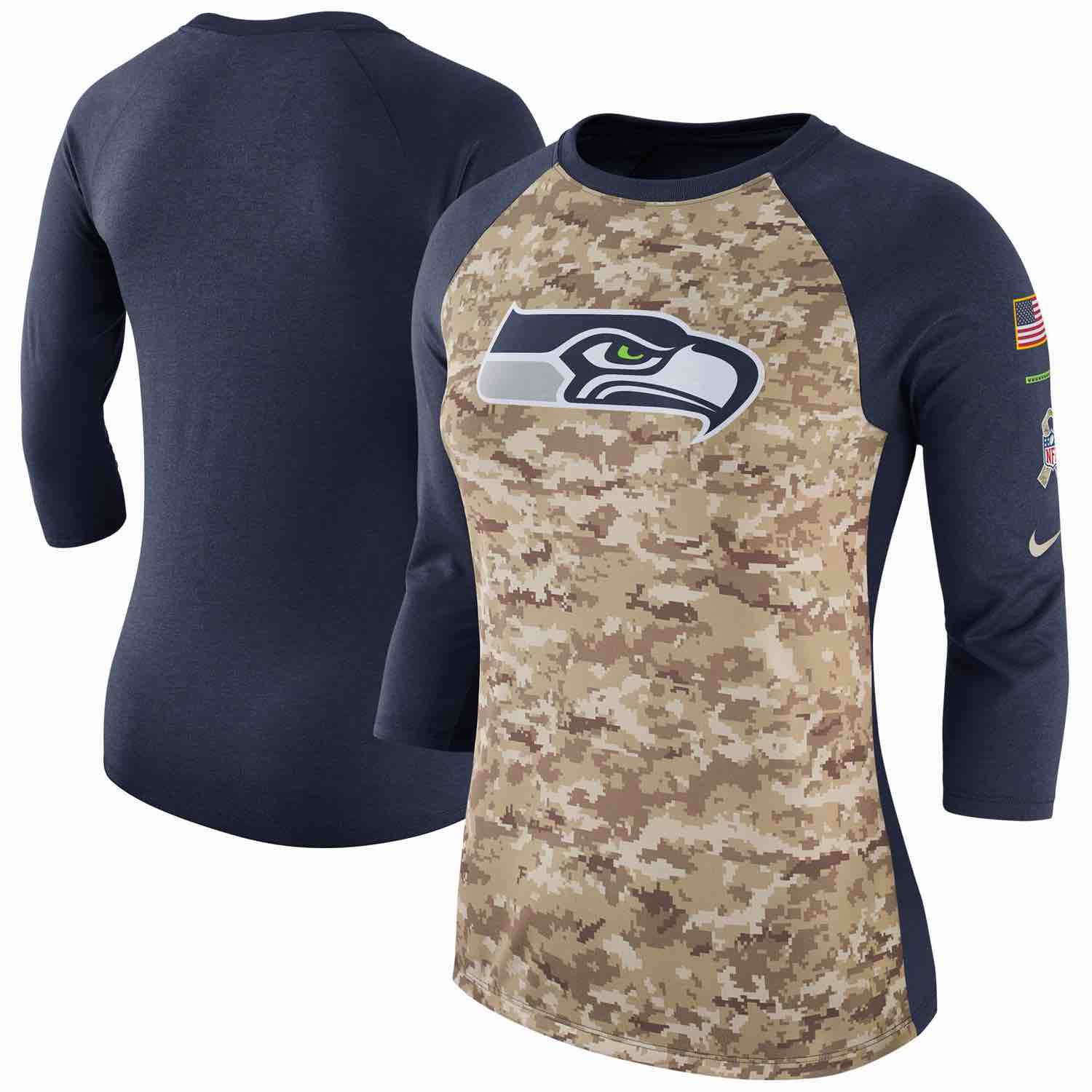 Womens Seattle Seahawks Nike Camo Navy Salute to Service Legend Three-Quarter Raglan Sleeve T-Shirt