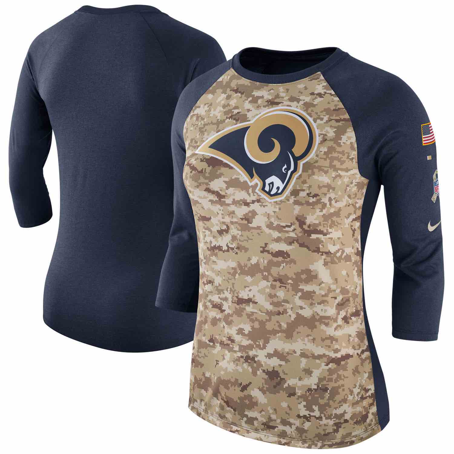 Womens Los Angeles Rams Nike Camo Navy Salute to Service Legend Three-Quarter Raglan Sleeve T-Shirt