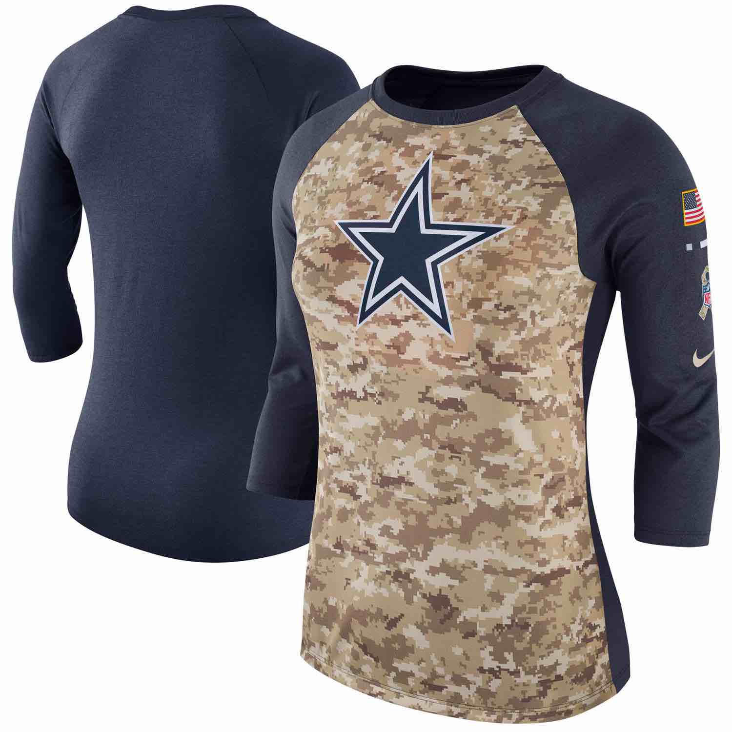Womens Dallas Cowboys Nike Camo Navy Salute to Service Legend Three-Quarter Raglan Sleeve T-Shirt