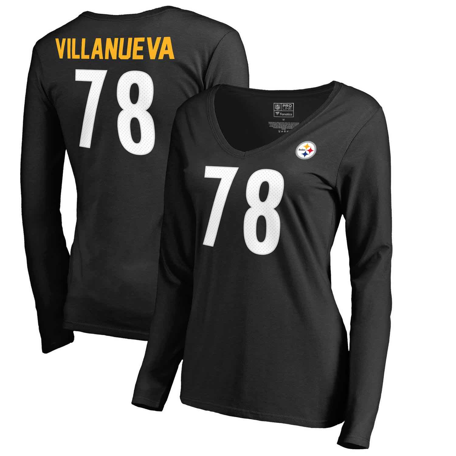 Womens Pittsburgh Steelers Alejandro Villanueva NFL Pro Line by Fanatics Branded Black Authentic Stack Name - Number V-Neck Long Sleeve T-Shi